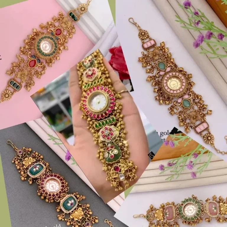 Brass high gold temple-style watch with ruby stones and green enamel, Indian bridal jewelry